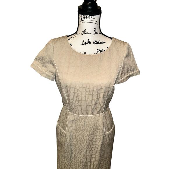 Alex Marie‎ Tan Textured Sheath Pencil Dress Pockets Geometric Office Work Sz 4 - Picture 2 of 12
